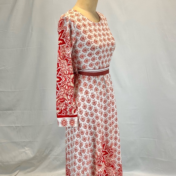 VINTAGE 60s bohemian long sleeve maxi dress red floral medallion belted waist - Picture 5 of 17